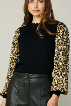 Current Air Long Sleeve Tops | Sweaters-Floral Contrast Sweater Top BLACKFLORAL