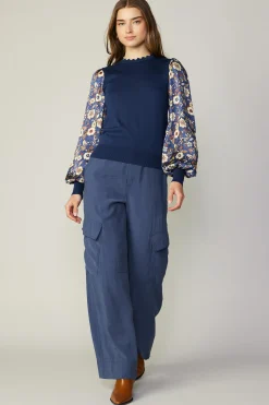Current Air Long Sleeve Tops | Sweaters-Floral Contrast Sweater Top NAVYFLORAL
