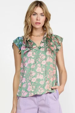 Current Air Sleeveless Tops-Floral Gradient Ruffled Blouse FLORALGREENMLT