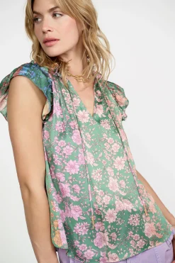 Current Air Sleeveless Tops-Floral Gradient Ruffled Blouse FLORALGREENMLT