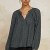 Current Air Long Sleeve Tops-Floral Jacquard Split Neck Top DARKOLIVE