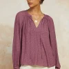Current Air Long Sleeve Tops-Floral Jacquard Split Neck Top DRIEDROSE