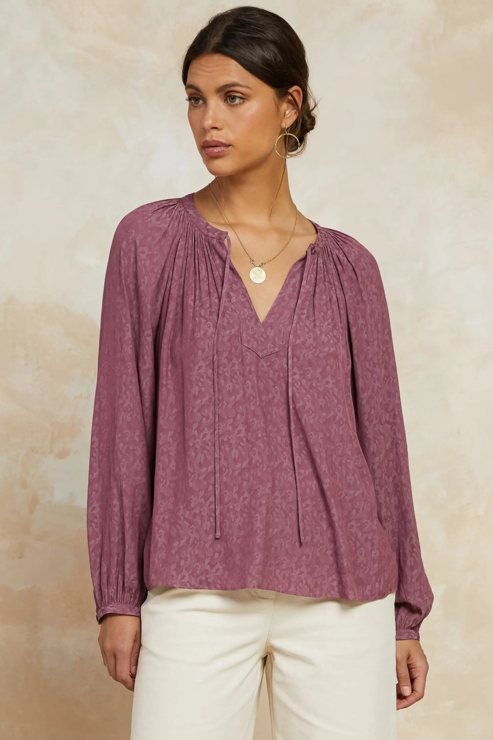 Current Air Long Sleeve Tops-Floral Jacquard Split Neck Top DRIEDROSE