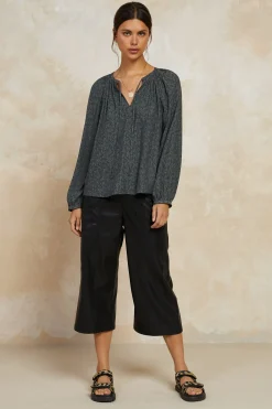 Current Air Long Sleeve Tops-Floral Jacquard Split Neck Top DARKOLIVE