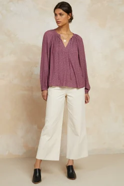 Current Air Long Sleeve Tops-Floral Jacquard Split Neck Top DRIEDROSE