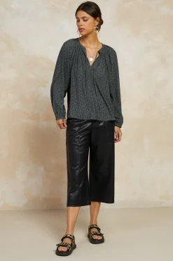 Current Air Long Sleeve Tops-Floral Jacquard Split Neck Top DARKOLIVE