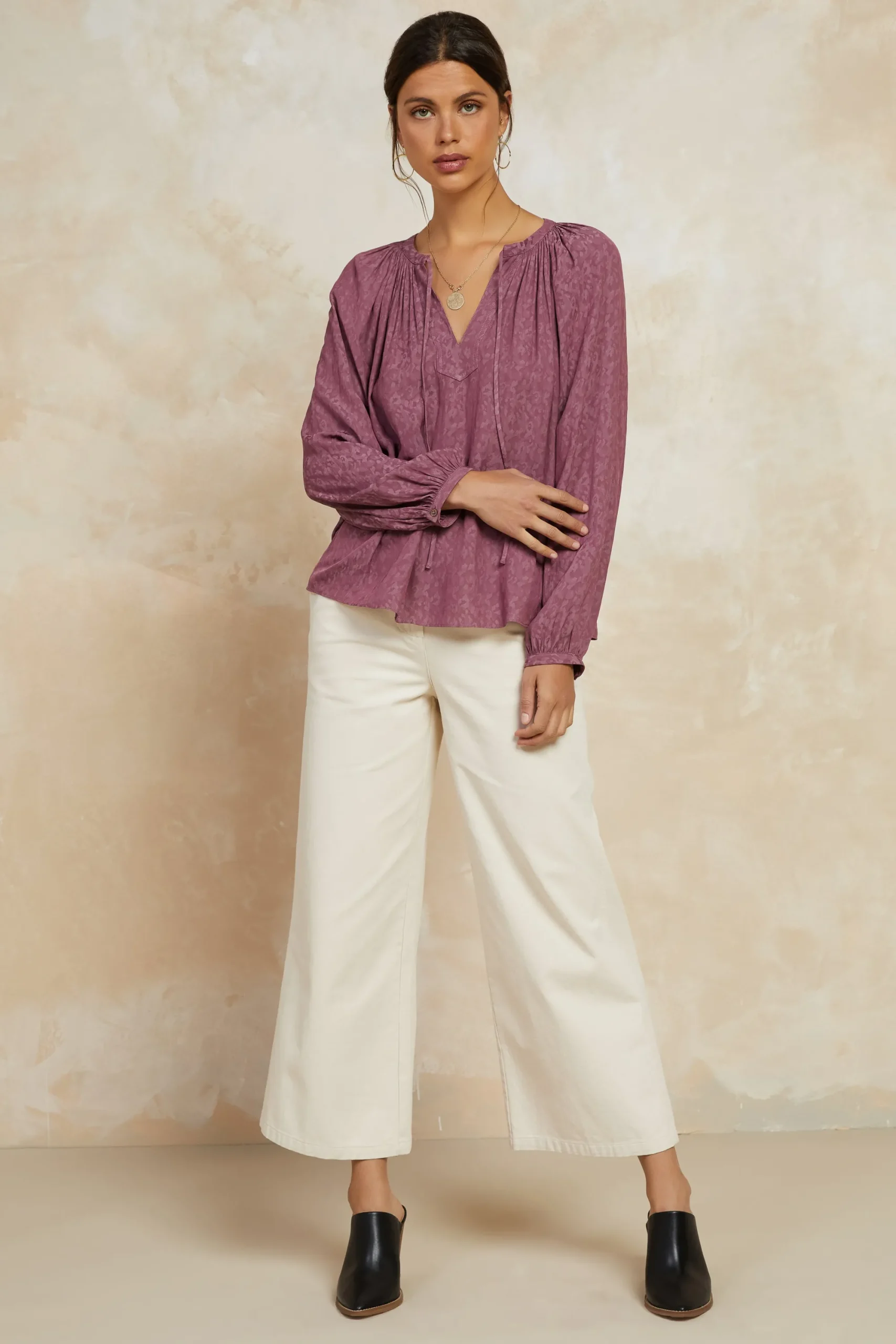 Current Air Long Sleeve Tops-Floral Jacquard Split Neck Top DRIEDROSE