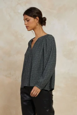 Current Air Long Sleeve Tops-Floral Jacquard Split Neck Top DARKOLIVE