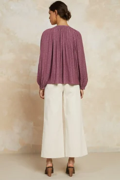 Current Air Long Sleeve Tops-Floral Jacquard Split Neck Top DRIEDROSE