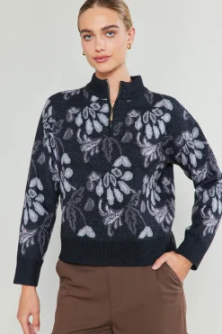 Current Air Knitwear | Sweaters-Floral Jacquard Sweater BLACKMLT