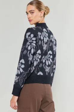 Current Air Knitwear | Sweaters-Floral Jacquard Sweater BLACKMLT