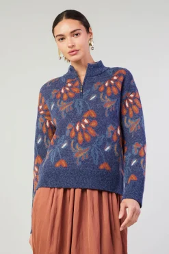 Current Air Knitwear | Sweaters-Floral Jacquard Zip Sweater DENIMBLUE