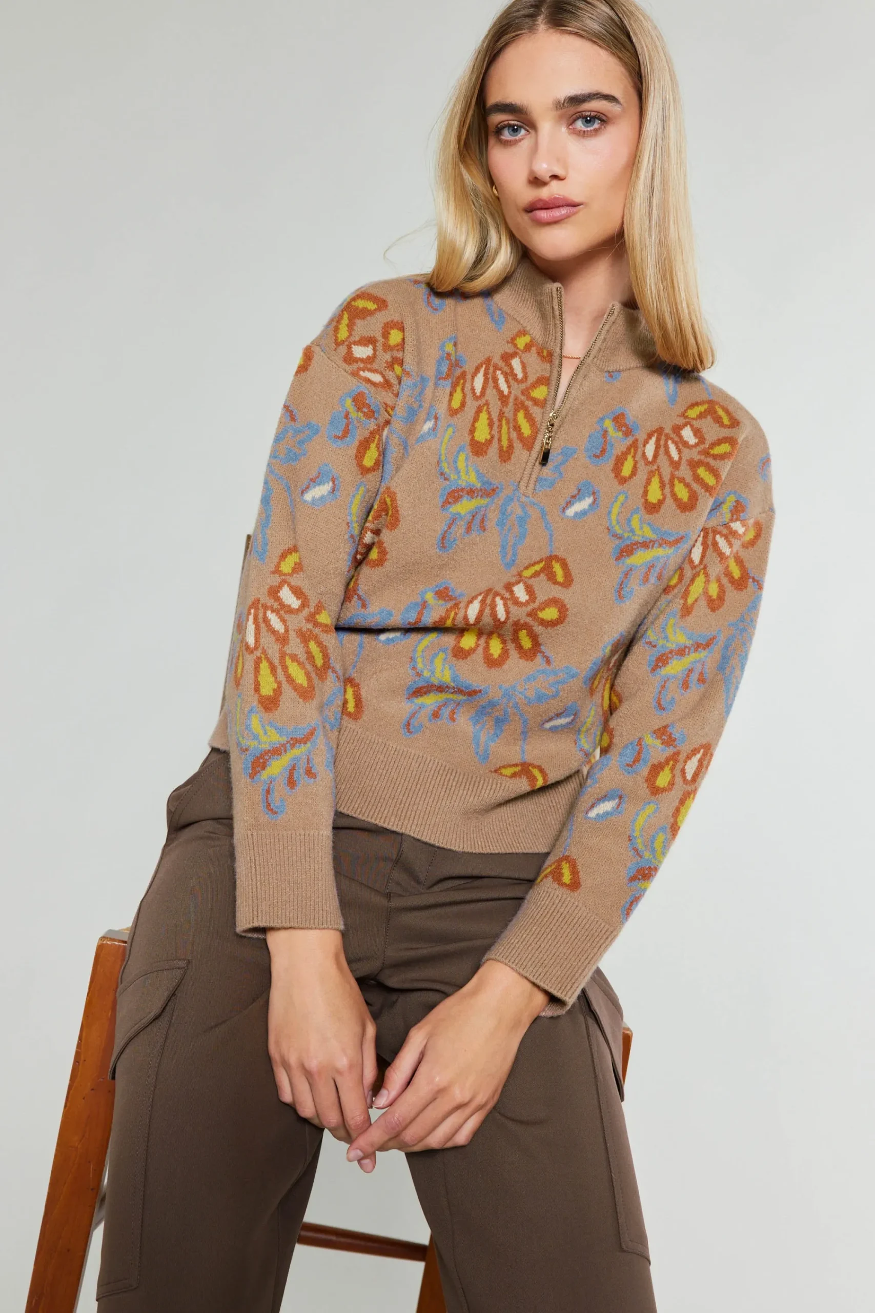 Current Air Knitwear | Sweaters-Floral Jacquard Zip Sweater TAUPEMULTI