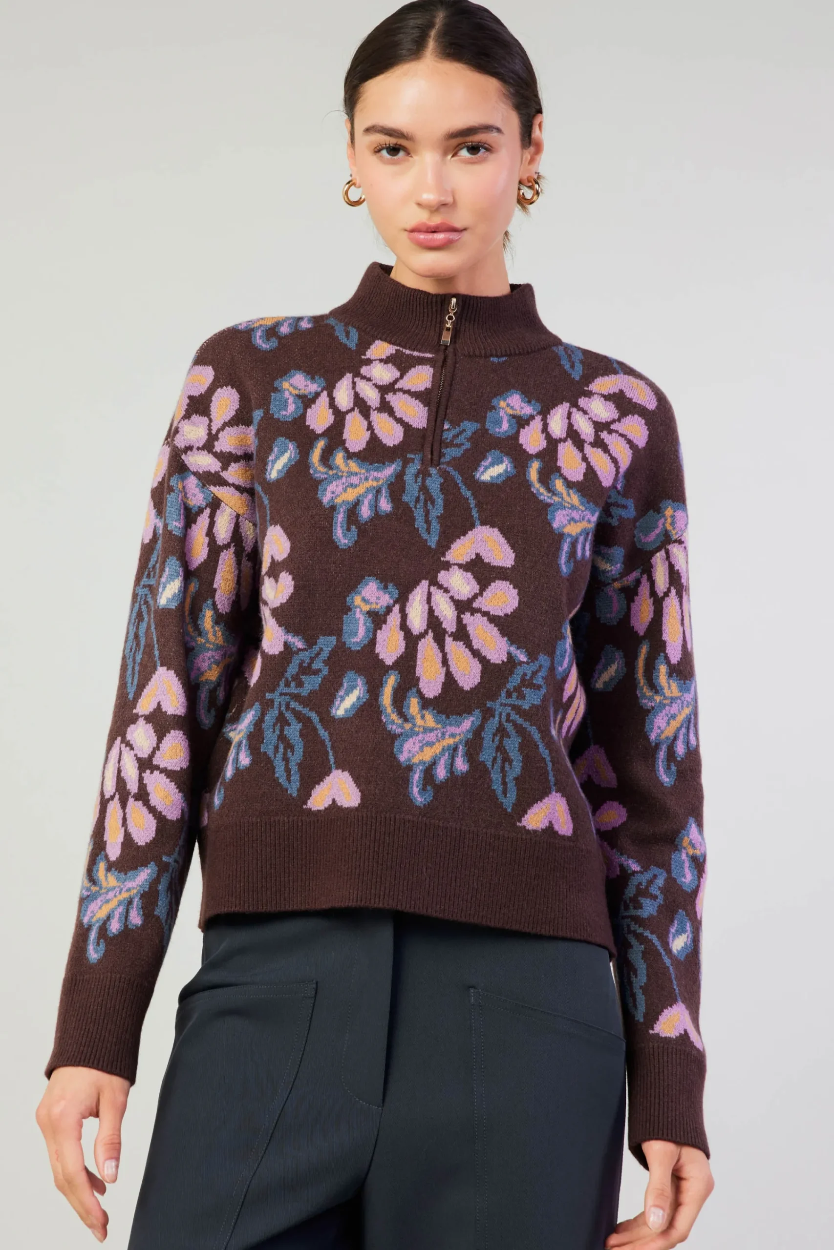 Current Air Knitwear | Sweaters-Floral Jacquard Zip Sweater BROWNMLT