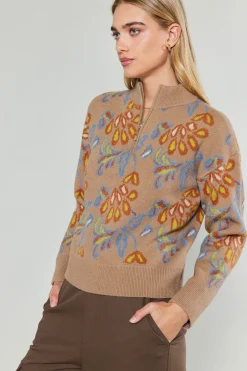 Current Air Knitwear | Sweaters-Floral Jacquard Zip Sweater TAUPEMULTI