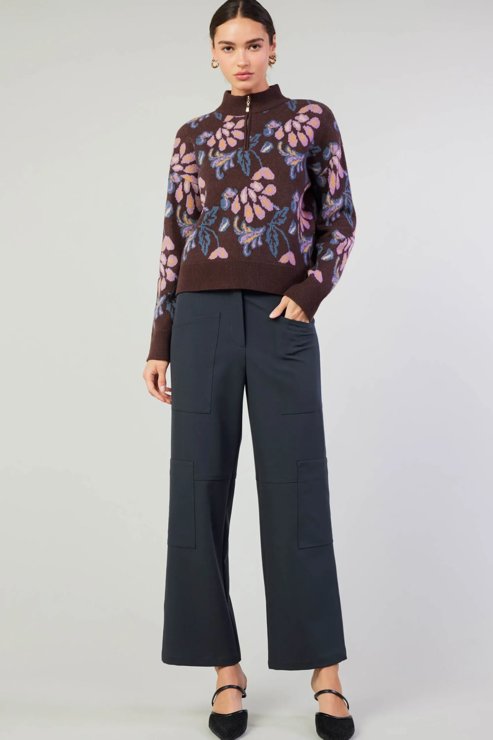 Current Air Knitwear | Sweaters-Floral Jacquard Zip Sweater BROWNMLT