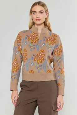 Current Air Knitwear | Sweaters-Floral Jacquard Zip Sweater TAUPEMULTI