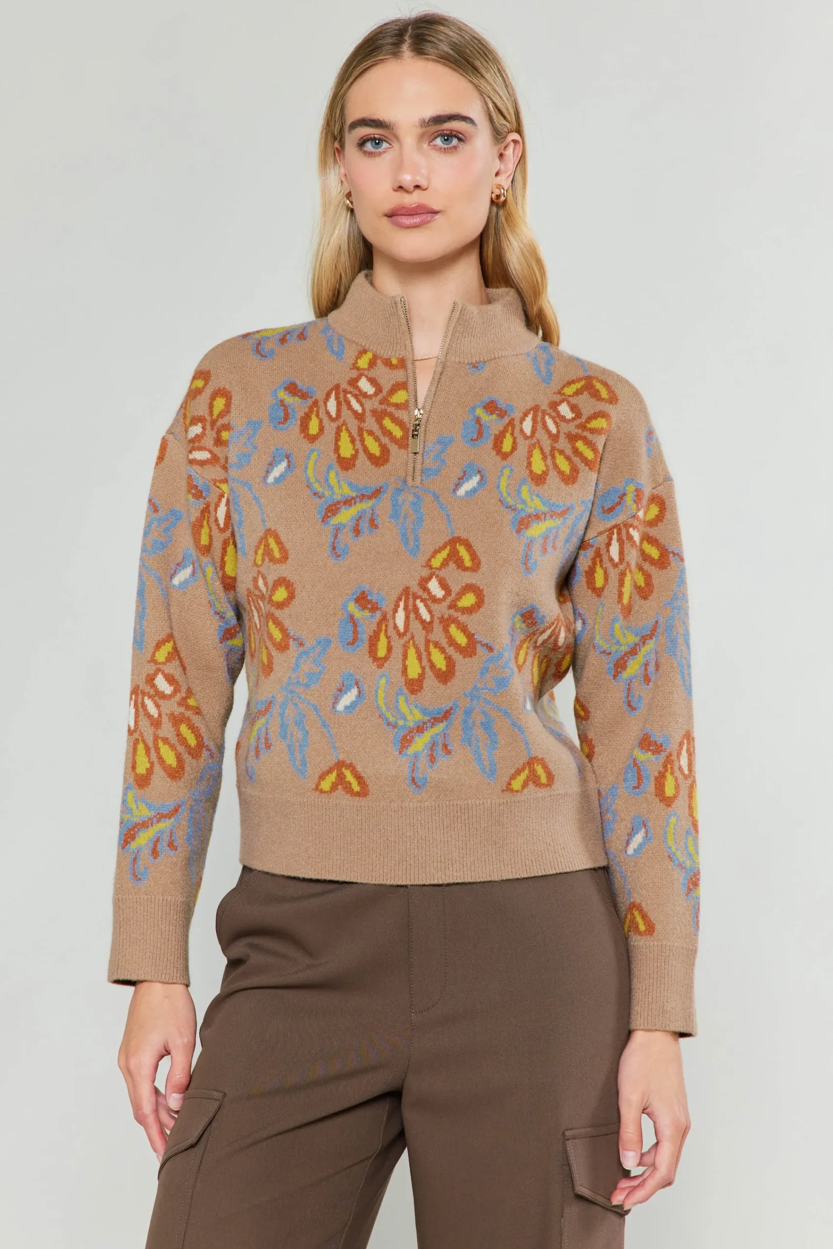 Current Air Knitwear | Sweaters-Floral Jacquard Zip Sweater TAUPEMULTI