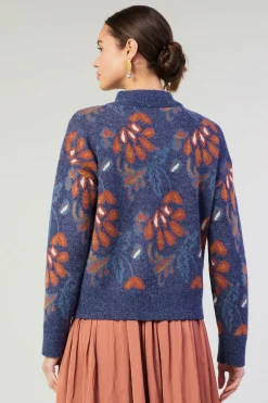 Current Air Knitwear | Sweaters-Floral Jacquard Zip Sweater DENIMBLUE
