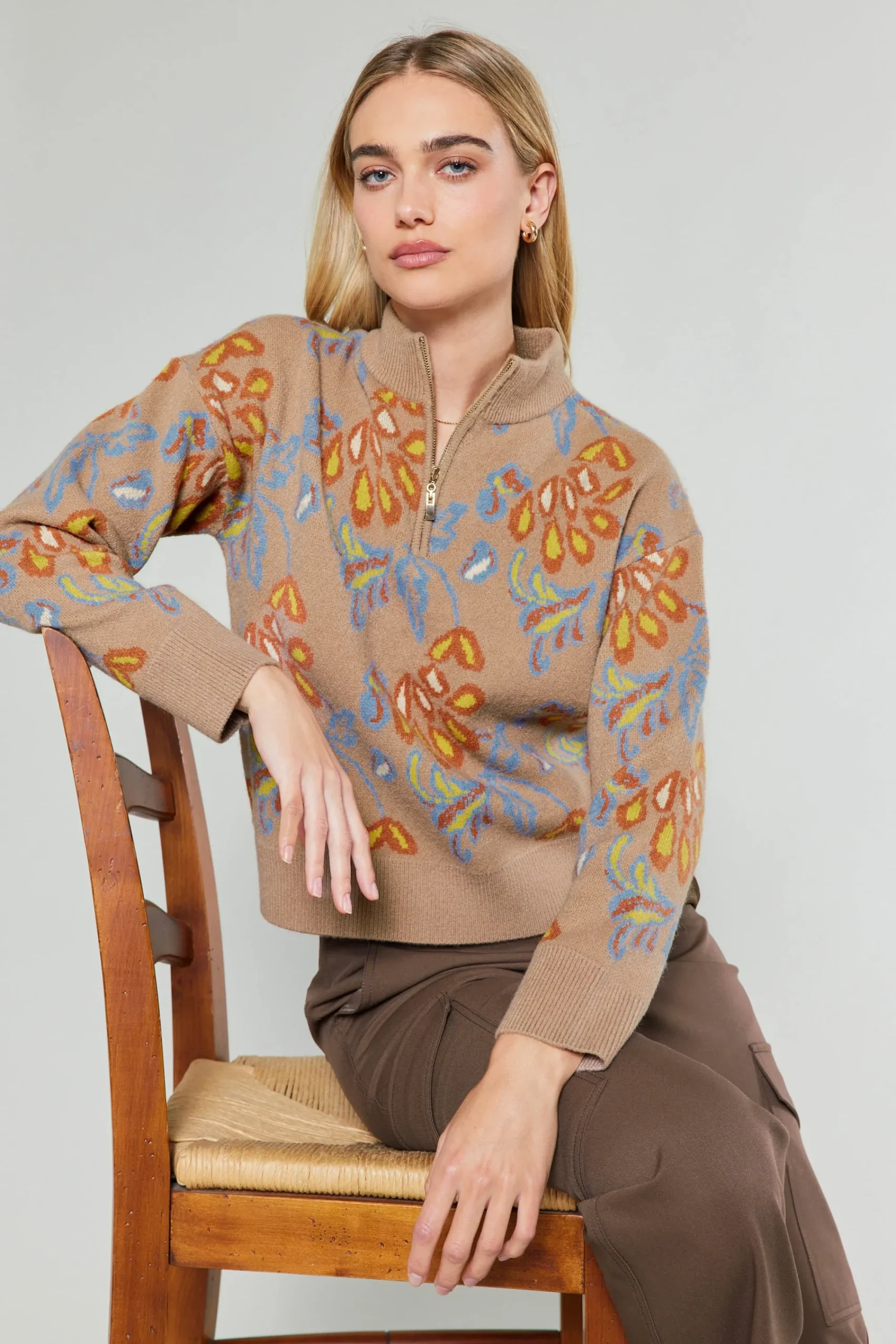 Current Air Knitwear | Sweaters-Floral Jacquard Zip Sweater TAUPEMULTI