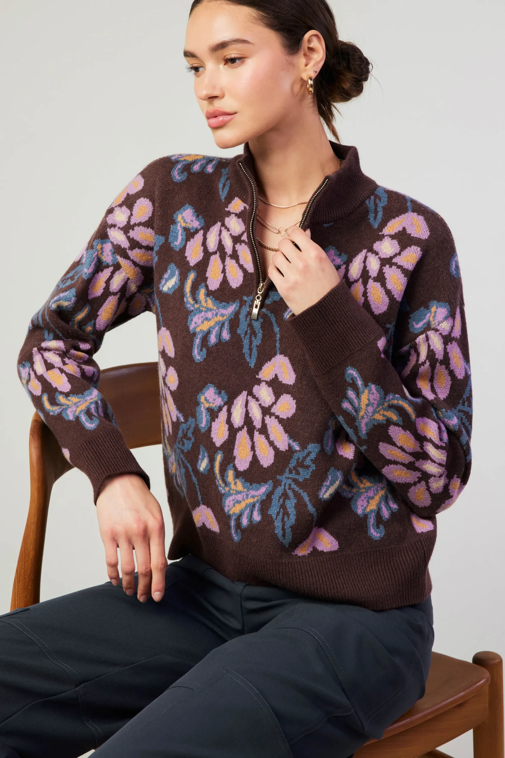 Current Air Knitwear | Sweaters-Floral Jacquard Zip Sweater BROWNMLT