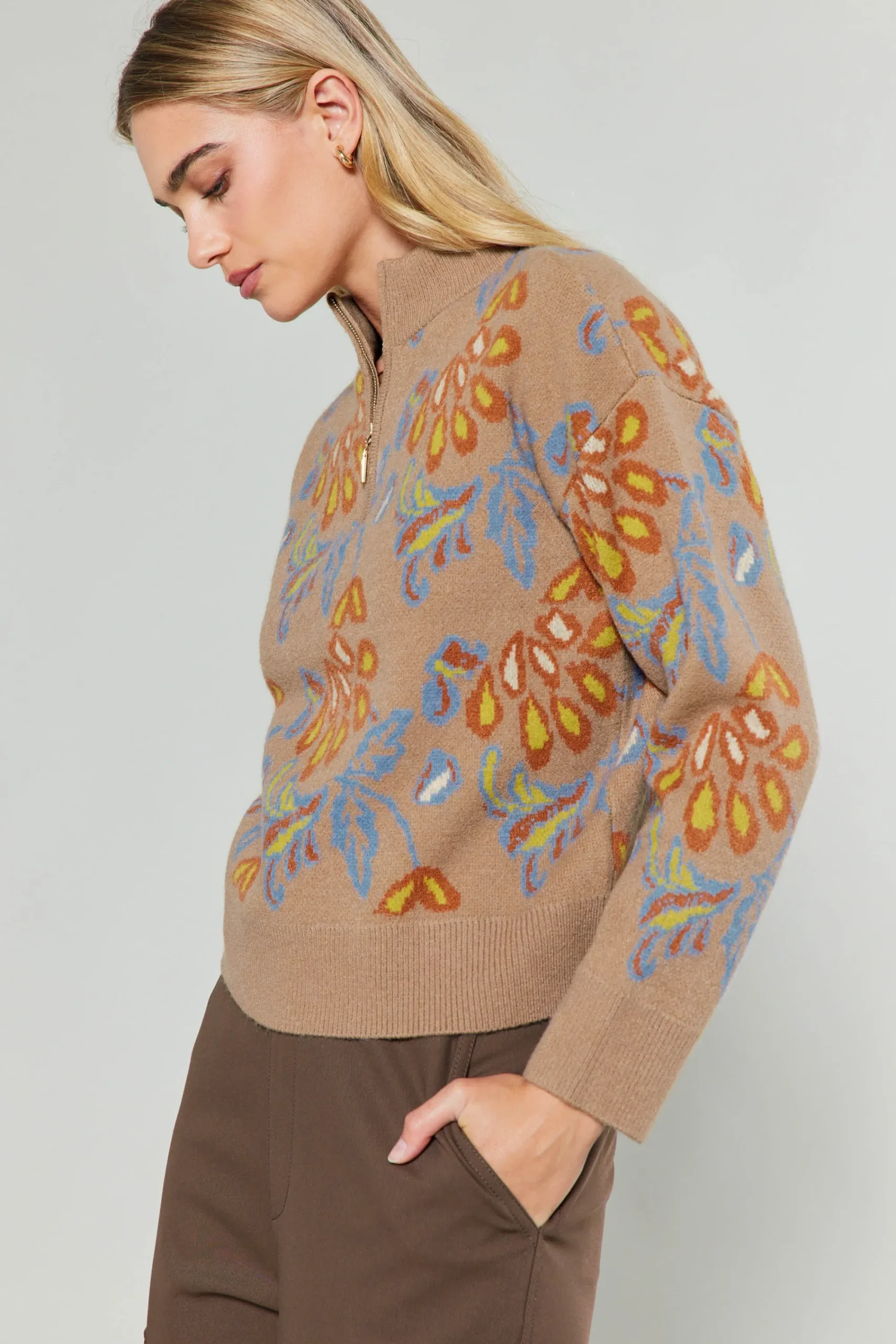 Current Air Knitwear | Sweaters-Floral Jacquard Zip Sweater TAUPEMULTI