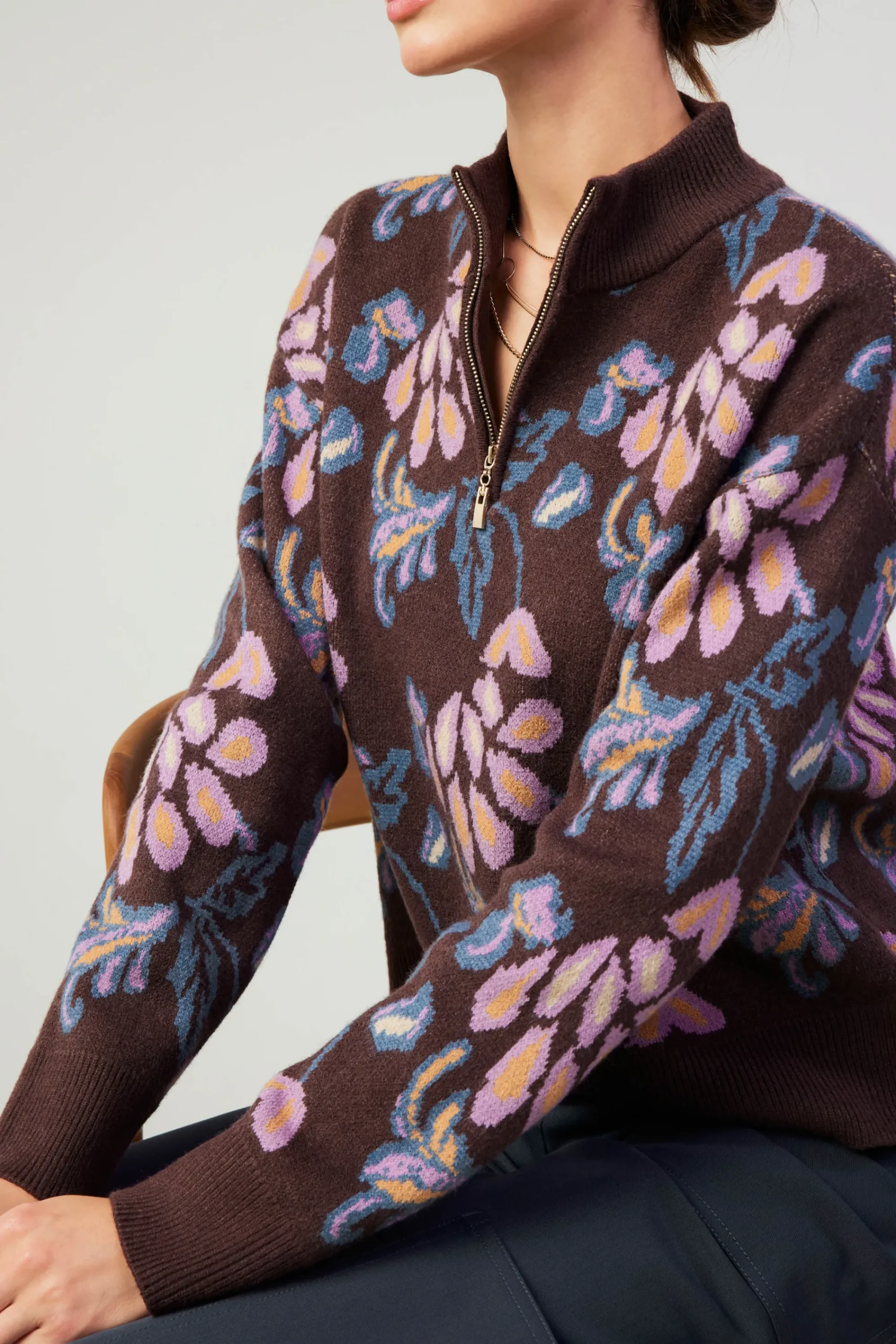 Current Air Knitwear | Sweaters-Floral Jacquard Zip Sweater BROWNMLT