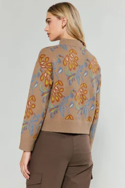 Current Air Knitwear | Sweaters-Floral Jacquard Zip Sweater TAUPEMULTI