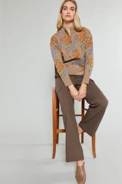 Current Air Knitwear | Sweaters-Floral Jacquard Zip Sweater TAUPEMULTI