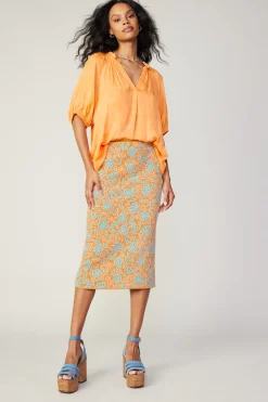 Current Air Knitwear | Skirts-Floral Knit Midi Skirt ORANGEMLT