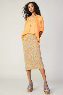 Current Air Knitwear | Skirts-Floral Knit Midi Skirt ORANGEMLT