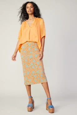 Current Air Knitwear | Skirts-Floral Knit Midi Skirt ORANGEMLT