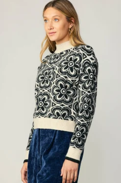 Current Air Sweaters-Floral Mock Neck Sweater BLACK