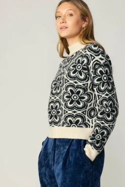 Current Air Sweaters-Floral Mock Neck Sweater BLACK