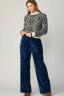 Current Air Sweaters-Floral Mock Neck Sweater BLACK