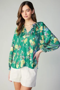 Current Air Long Sleeve Tops-Floral Motif Tieneck Blouse GREENFLORALMLT