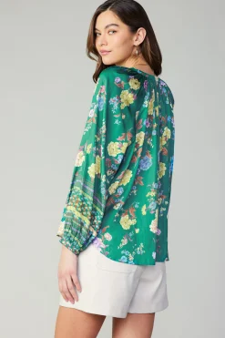 Current Air Long Sleeve Tops-Floral Motif Tieneck Blouse GREENFLORALMLT