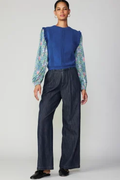 Current Air Sweaters-Floral Nouveau Contrast Top BLUE