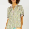 Current Air Short Sleeve Tops-Floral Nouveau Split Neck Blouse GREENPINK