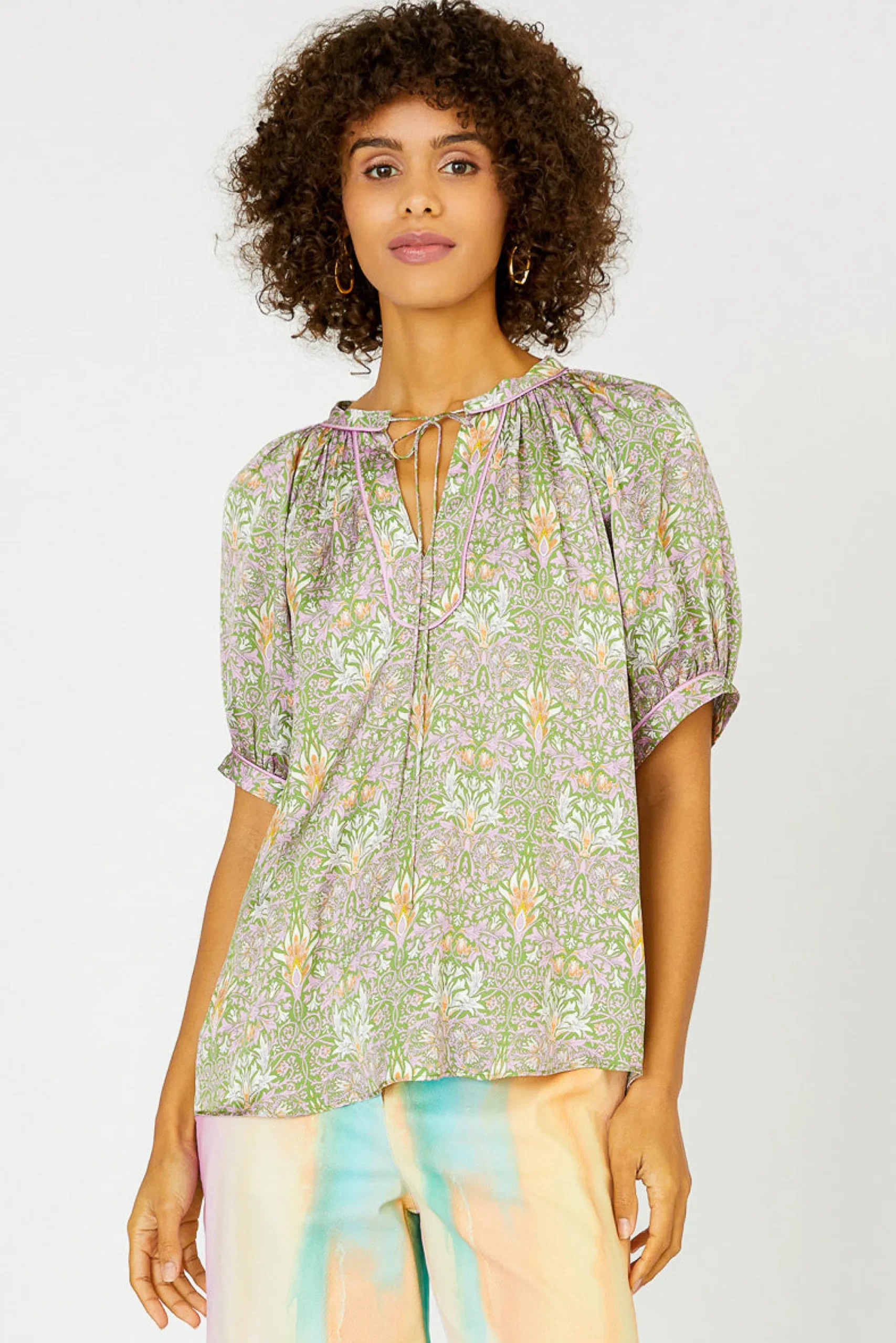 Current Air Short Sleeve Tops-Floral Nouveau Split Neck Blouse GREENPINK