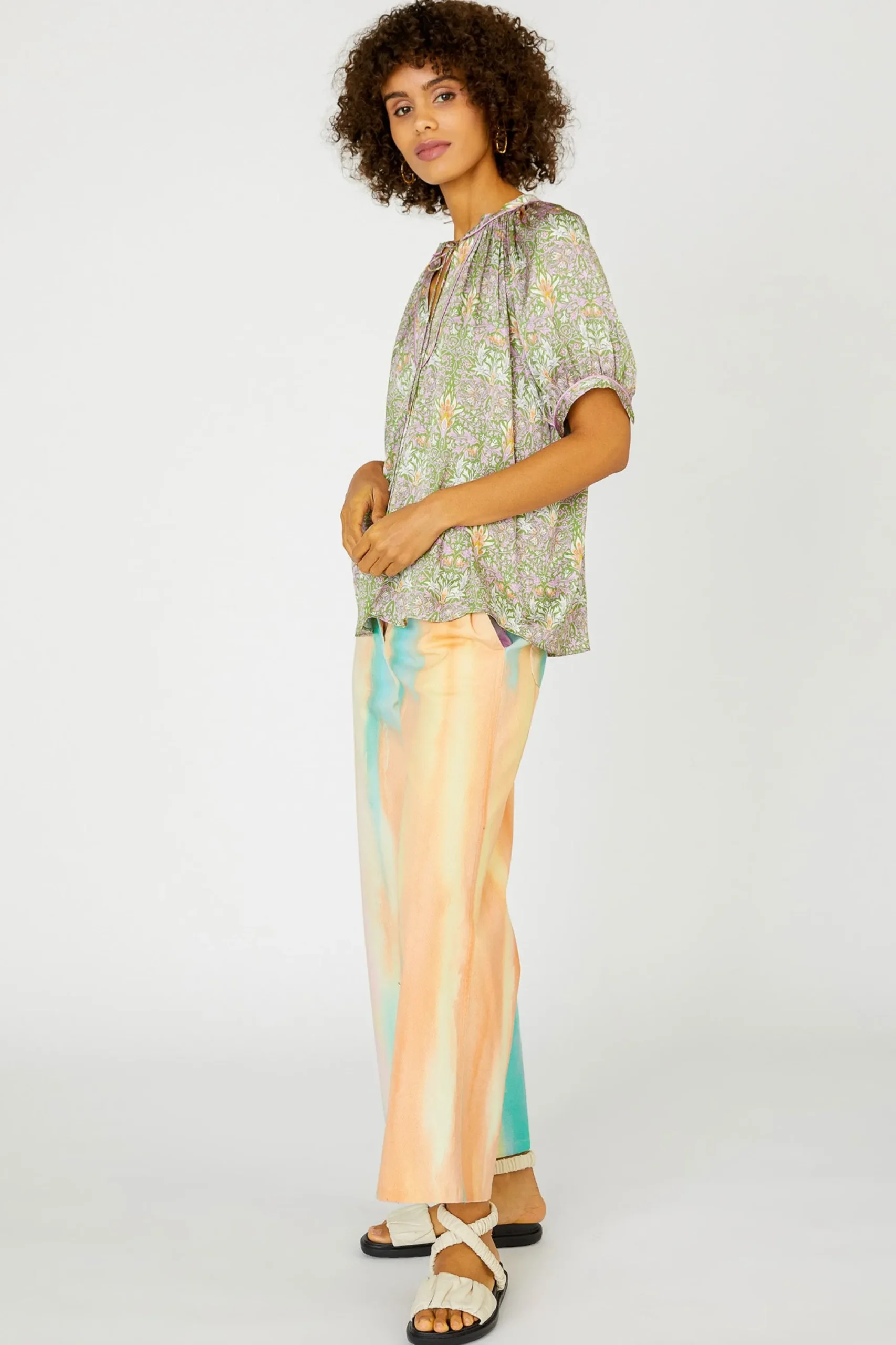 Current Air Short Sleeve Tops-Floral Nouveau Split Neck Blouse GREENPINK