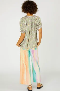 Current Air Short Sleeve Tops-Floral Nouveau Split Neck Blouse GREENPINK