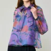 Current Air Long Sleeve Tops-Floral Organza Blouse PURPLE