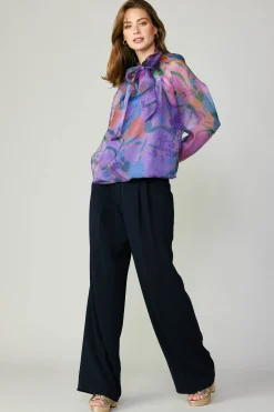 Current Air Long Sleeve Tops-Floral Organza Blouse PURPLE