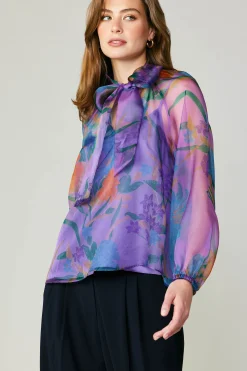 Current Air Long Sleeve Tops-Floral Organza Blouse PURPLE