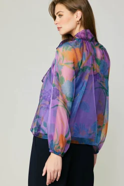 Current Air Long Sleeve Tops-Floral Organza Blouse PURPLE