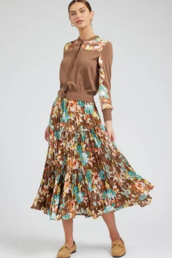 Current Air Skirts-Floral Pleated Midi Skirt BROWNMLT