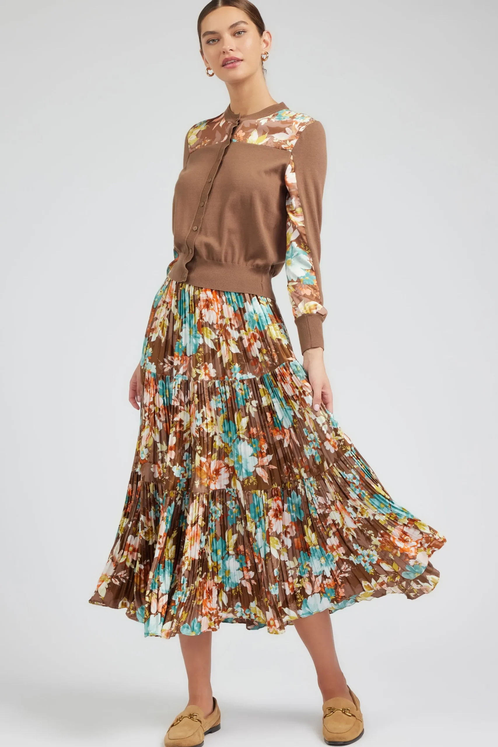Current Air Skirts-Floral Pleated Midi Skirt BROWNMLT