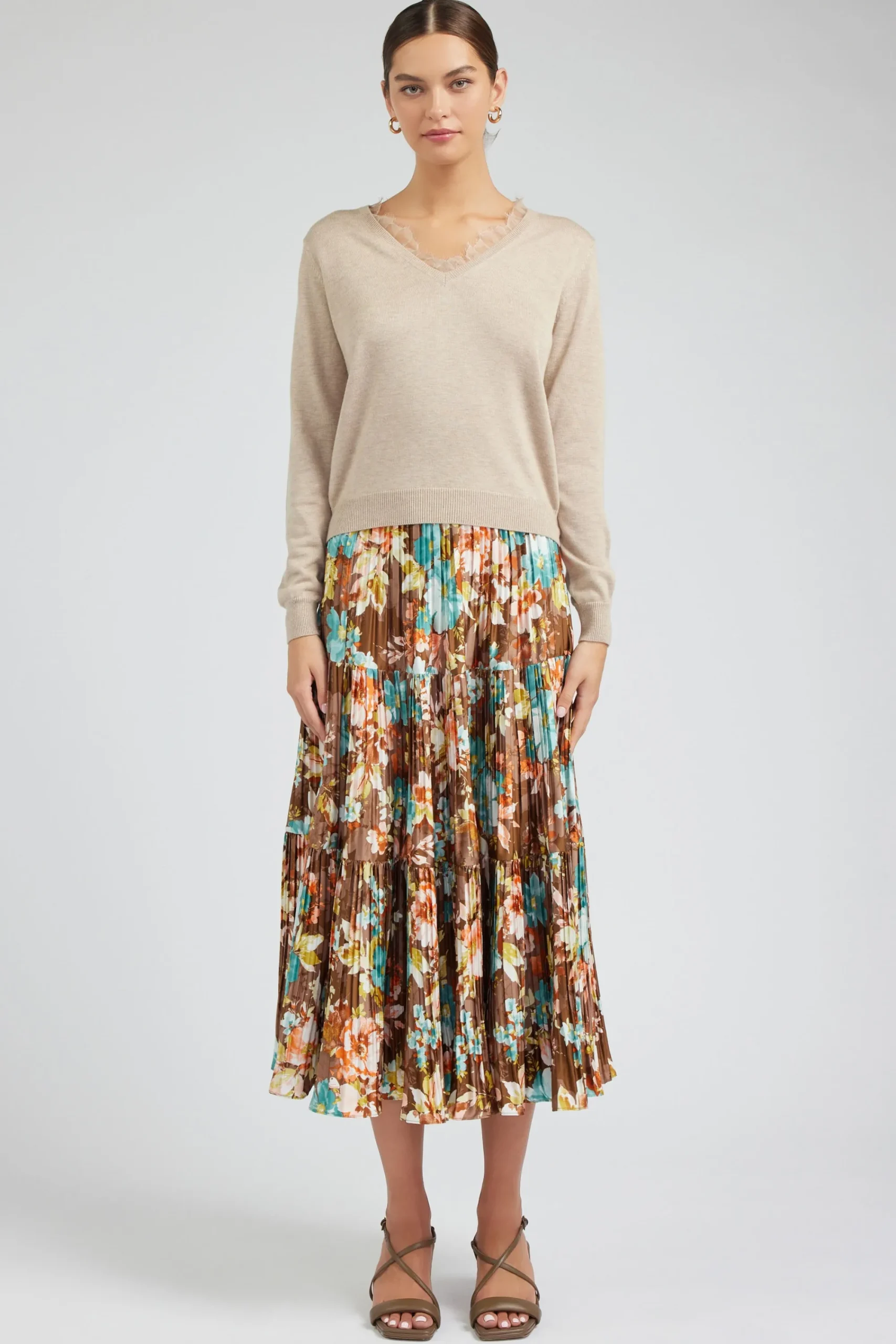 Current Air Skirts-Floral Pleated Midi Skirt BROWNMLT