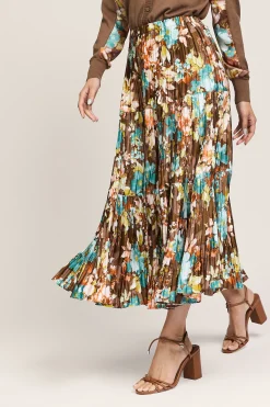 Current Air Skirts-Floral Pleated Midi Skirt BROWNMLT